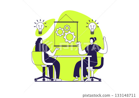 Teamwork web concept with flat people for website design. Businesswomen working in team, brainstorming, generating ideas, researching innovations for project at meeting together. Vector illustration. Teamwork web concept with flat people for website design. Businesswomen working in team, brainstorming, generating ideas, researching innovations for project at meeting together. Vector illustration. 133148711