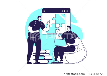 Teamwork web concept with flat people for website design. Woman and man brainstorming and solving puzzle, collaborating and discussing goals, finding solution for challenges. Vector illustration. Teamwork web concept with flat people for website design. Woman and man brainstorming and solving puzzle, collaborating and discussing goals, finding solution for challenges. Vector illustration. 133148720