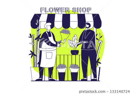 Street shops web concept with flat people for website design. Man working in stall kiosk and selling flowers, customer buying bouquet in florist floral and gardening boutique. Vector illustration. 133148724
