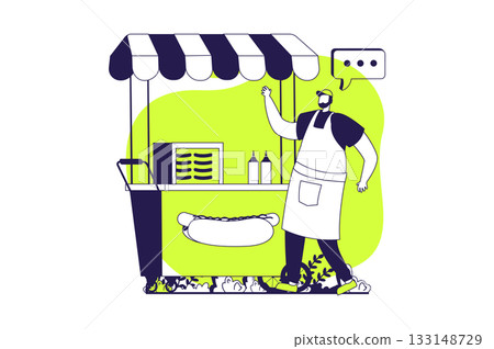 Street shops web concept with flat people for website design. Man working in stall kiosk and selling hot dogs. Small business with trading fast food lunch, hot sausages menu. Vector illustration. 133148729