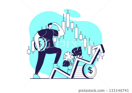 Stock market web concept with flat people for website design. Man investing money, analyzing data with bar charts, creating success strategy for trading, monitoring assets. Vector illustration. 133148741