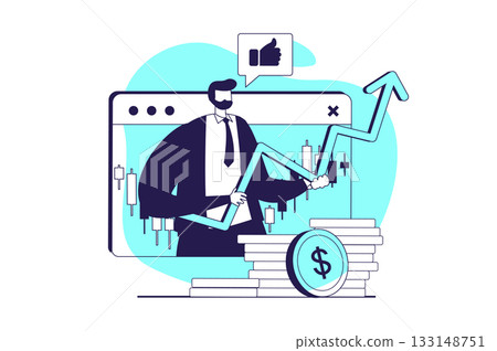 Stock market web concept with flat people for website design. Man trading and investing money, analyzing online trends, creating success strategy for buy and sell, earning profit. Vector illustration. Stock market web concept with flat people for website design. Man trading and investing money, analyzing online trends, creating success strategy for buy and sell, earning profit. Vector illustration. 133148751
