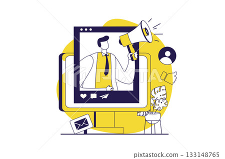 Social media marketing web concept with flat people for website design. Man with megaphone making promotion campaign and promo announcement, attracting audience in brand blog. Vector illustration. Social media marketing web concept with flat people for website design. Man with megaphone making promotion campaign and promo announcement, attracting audience in brand blog. Vector illustration. 133148765