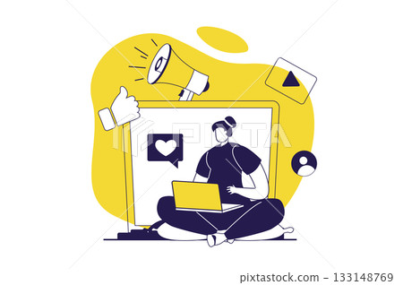 Social media marketing web concept with flat people for website design. Woman making promotion and advertisement, creating video and digital content, attracting new clients. Vector illustration. Social media marketing web concept with flat people for website design. Woman making promotion and advertisement, creating video and digital content, attracting new clients. Vector illustration. 133148769