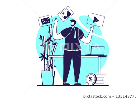 Social media marketing web concept with flat people for website design. Man making promotion and advertising with content, mailing audience, creating content and influencing. Vector illustration. Social media marketing web concept with flat people for website design. Man making promotion and advertising with content, mailing audience, creating content and influencing. Vector illustration. 133148773