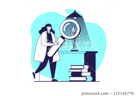 Science laboratory web concept with flat people for website design. Woman with magnifier learning plant growth, making botanical research in lab, doing biotechnology engineering. Vector illustration. 133148776
