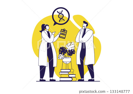 Science laboratory web concept with flat people for website design. Man and woman learning and discussing dna spiral structure, making scientific and genetic research in lab. Vector illustration. 133148777