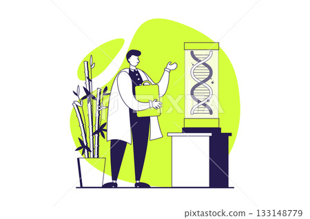 Science laboratory web concept with flat people for website design. Man learning dna spiral structure, making scientific and genetic research, doing clinical test and exam in lab. Vector illustration. Science laboratory web concept with flat people for website design. Man learning dna spiral structure, making scientific and genetic research, doing clinical test and exam in lab. Vector illustration. 133148779