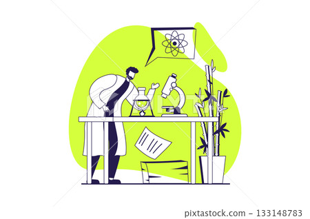 Science laboratory web concept with flat people for website design. Man making scientific research in lab, doing chemical reaction and tests in beaker flask and using microscope. Vector illustration. Science laboratory web concept with flat people for website design. Man making scientific research in lab, doing chemical reaction and tests in beaker flask and using microscope. Vector illustration. 133148783