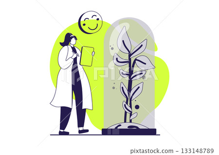 Science laboratory web concept with flat people for website design. Woman making scientific botanical research, learning plant and growing progress in flask, doing discovery. Vector illustration. 133148789