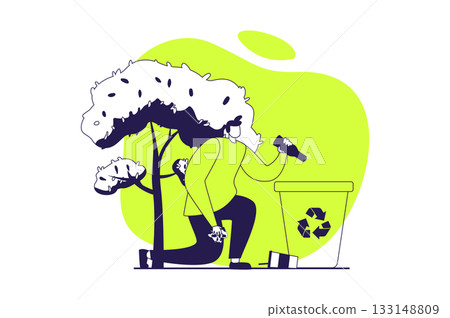 People collecting garbage web concept with flat people for website design. Man collecting waste in disposal bin for sorting and recycling, cleaning in park, developing eco habits. Vector illustration. People collecting garbage web concept with flat people for website design. Man collecting waste in disposal bin for sorting and recycling, cleaning in park, developing eco habits. Vector illustration. 133148809