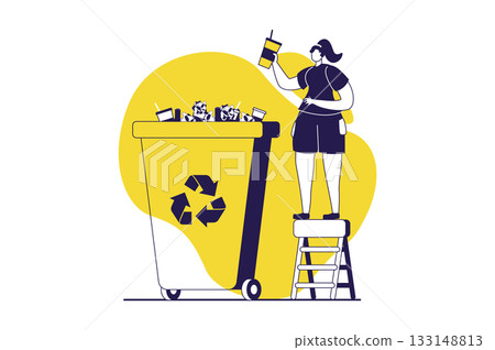 People collecting garbage web concept with flat people for website design. Woman throwing cup in disposal bin for paper trash, sorting waste for recycling, caring ecology. Vector illustration. 133148813