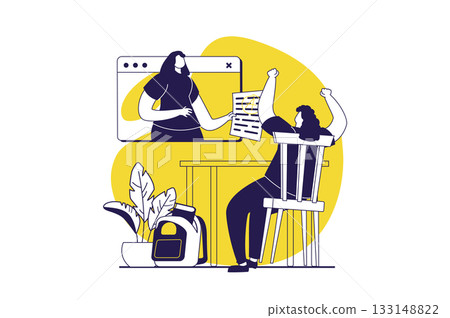 Online education web concept with flat people for website design. Woman learning at distance class, taking exam with success result, connecting with teacher by video conference. Vector illustration. Online education web concept with flat people for website design. Woman learning at distance class, taking exam with success result, connecting with teacher by video conference. Vector illustration. 133148822