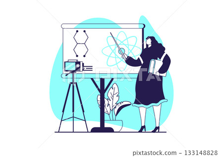 Online education web concept with flat people for website design. Woman works as teacher, recording or streaming video lecture with science seminar, making distantly presentation. Vector illustration. Online education web concept with flat people for website design. Woman works as teacher, recording or streaming video lecture with science seminar, making distantly presentation. Vector illustration. 133148828