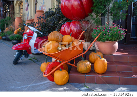 Outdoor autumn display with a wheelbarrow full of pumpkins and a red scooter by a storefront. Rustic pottery and planters complete a cozy seasonal composition for retail, hospitality and lifestyle use 133149282