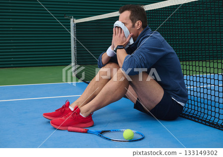 Tired Tennis Player Resting Against Court Net After Match Frustration and Fatigue Tired Tennis Player Resting Against Court Net After Match Frustration and Fatigue 133149302