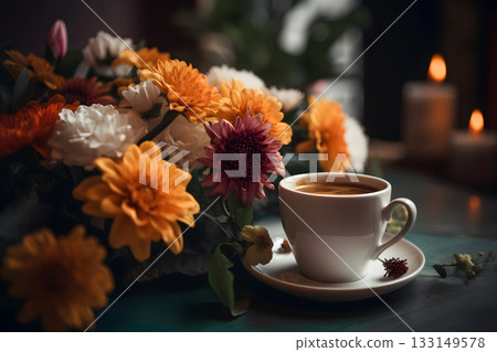 cup of coffee and flowers on the table, neural network generated photorealistic image cup of coffee and flowers on the table, neural network generated photorealistic image 133149578