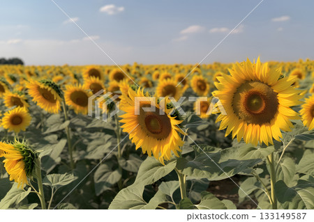 A field of sunflowers with a clear blue sky in the background, neural network generated image 133149587