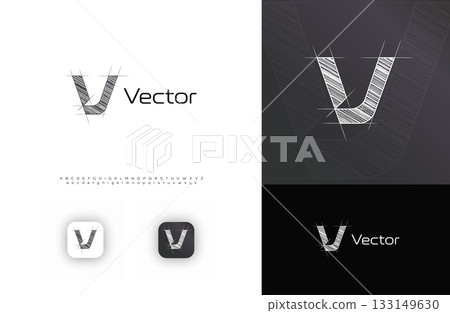 Blueprint Architect Logo, Technical Sketch Architectural LogoType, Grid Letter V. Building Construct Company Monogram, Real Estate, Architect Engineer Branding with Alphabet Font. Vector Illustration 133149630