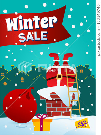 Big winter sale banner. Snowy background with winter landscape. Vector illustration. Santa Claus Big winter sale banner. Snowy background with winter landscape. Vector illustration. Santa Claus 133149746