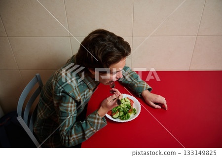 Teenager Boy Eating Salad At Red Table In Casual Plaid Shirt Teenager Boy Eating Salad At Red Table In Casual Plaid Shirt 133149825
