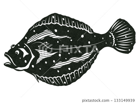 一張用紙剪紙繪製的美味冬季比目魚插圖。 133149939