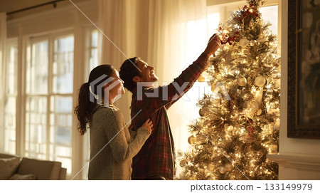 Happy couple placing decorations on glowing Christmas tree. Cozy winter holiday scene of New Year 133149979