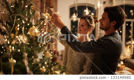 Couple hanging ornaments on Christmas tree. Holiday lights, golden baubles and festive mood for Christmas and New Year celebration 133149980