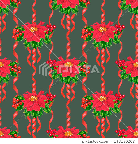 Red poinsettias, berries and holly leaves, twisted ribbons. Watercolor seamless pattern isolated on a green background for Christmas decor, greeting, tablecloth, home design, wrapping paper, textile Red poinsettias, berries and holly leaves, twisted ribbons. Watercolor seamless pattern isolated on a green background for Christmas decor, greeting, tablecloth, home design, wrapping paper, textile 133150208