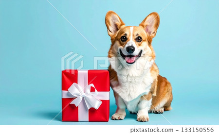 在淺藍色背景上，一隻柯基犬和紅白相間的禮物構成了一幅歡快簡約的畫面。 133150556