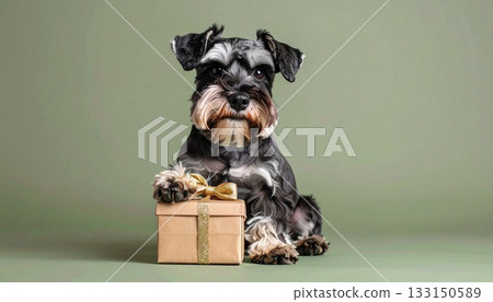 迷你雪納瑞犬和工藝禮品,橄欖綠背景,自然溫暖的場景 迷你雪納瑞犬和工藝禮品,橄欖綠背景,自然溫暖的場景 133150589