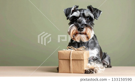 迷你雪納瑞犬和工藝禮品，橄欖綠背景，自然溫暖的場景 133150590
