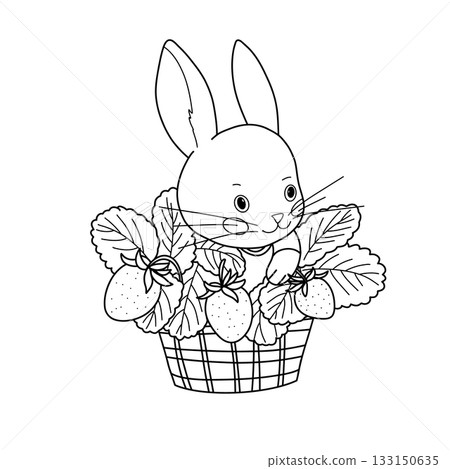 Cute bunny sitting in a basket with strawberry leaves and berries. Black and white vector line art illustration for coloring pages, children designs, prints, stickers Cute bunny sitting in a basket with strawberry leaves and berries. Black and white vector line art illustration for coloring pages, children designs, prints, stickers 133150635