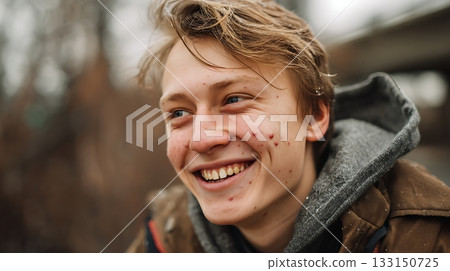 Smiling young man with visible acne and clear blue eyes outdoors. Real skin confidence, acne positivity and self-esteem concept. Authentic male portrait 133150725