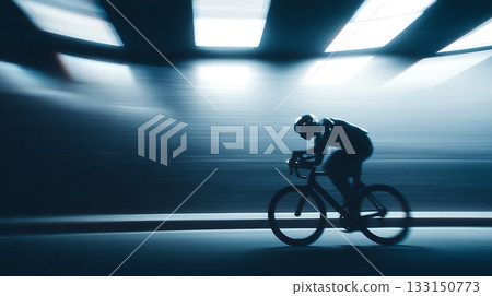 Silhouette of cyclist leaning forward in high speed. Blurred lights in tunnel highlight speed, adrenaline and competitive cycling Silhouette of cyclist leaning forward in high speed. Blurred lights in tunnel highlight speed, adrenaline and competitive cycling 133150773