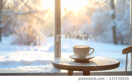 一張小巧的咖啡桌上擺著一杯簡約的拿鐵,窗外是冬日清晨柔和的燈光和皚皚白雪。 一張小巧的咖啡桌上擺著一杯簡約的拿鐵,窗外是冬日清晨柔和的燈光和皚皚白雪。 133150838