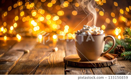 熱巧克力與棉花糖-木桌上金色聖誕燈的溫暖光芒 熱巧克力與棉花糖-木桌上金色聖誕燈的溫暖光芒 133150859