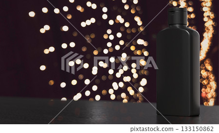 The Black Cosmetic Bottle on Dark Bokeh Background 3d rendering. The Black Cosmetic Bottle on Dark Bokeh Background 3d rendering. 133150862