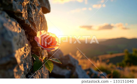 Rose blooms strong against a rock wall 133151040