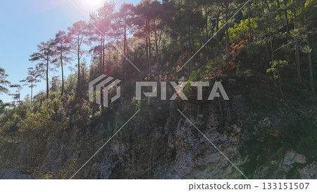 drone flight mountains coniferous forest clear blue sky. High quality photo drone flight mountains coniferous forest clear blue sky. High quality photo 133151507