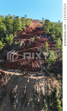 mountain construction drone view coniferous forest 4k 133151523