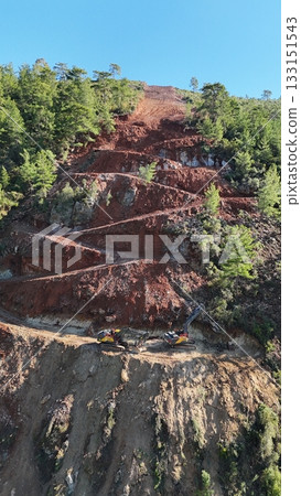 mountain construction drone view coniferous forest 4k 133151543