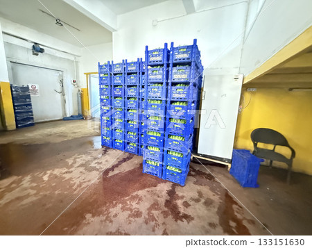 Blue stacked crates. boxes of green bananas.High quality photo 133151630