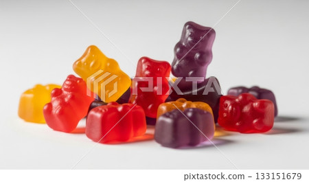 Group of red, orange and purple multivitamin gummies bears isolated on white background. Healthy lifestyle concept 133151679