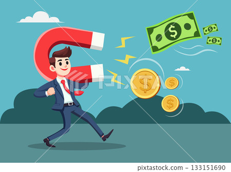illustration of a cheerful businessman in a suit using a large, red horseshoe magnet to attract cash (dollar bills and coins).  133151690