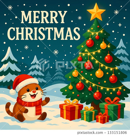 A joyful cat wearing a red Santa hat sits beside a decorated Christmas tree in the snow. Colorful presents and a star shine brightly against a winter night sky filled with snowflakes Generative AI 133151806