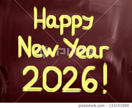 Bright yellow letters convey warm wishes for a Happy New Year 2026 against a rich burgundy background, setting a festive tone for celebrations Generative AI 133151809