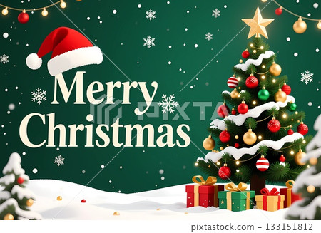 A beautiful Christmas setting showcases a beautifully decorated tree with ornaments, gifts under the tree, and a joyful message celebrating the festive season Generative AI 133151812