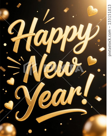 Bright golden letters saying Happy New Year shine against a dark background filled with festive confetti and hearts. This is a perfect festive display for welcoming the new year Generative AI 133151813