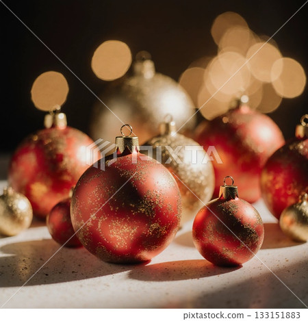 Colorful red and gold Christmas ornaments are arranged on a surface, reflecting warm light. The soft bokeh effect in the background creates a cozy holiday atmosphere Generative AI 133151883